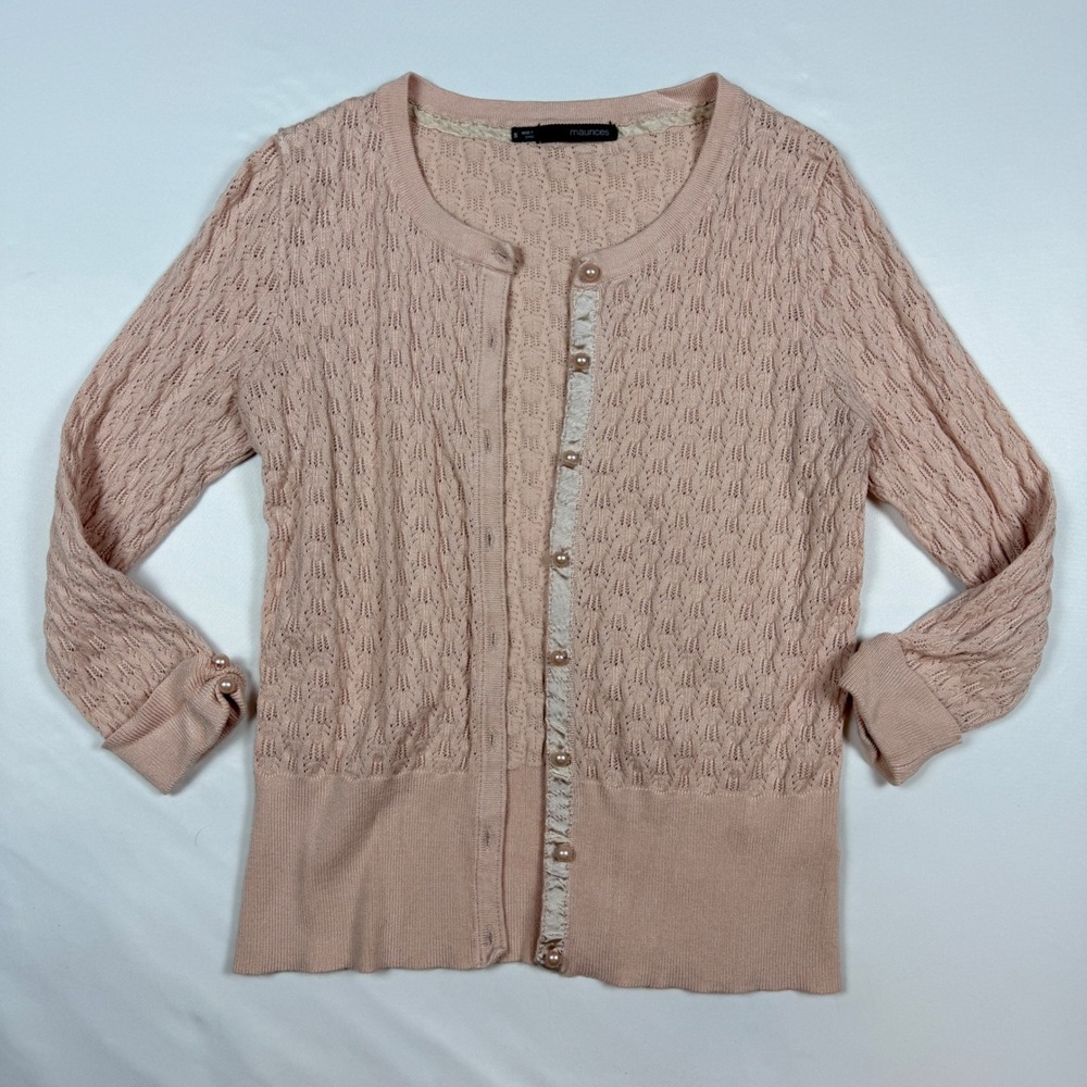 Maurices Cardigan Womens Small Pink Pointelle Faux Pearl Button Ribbon Trim